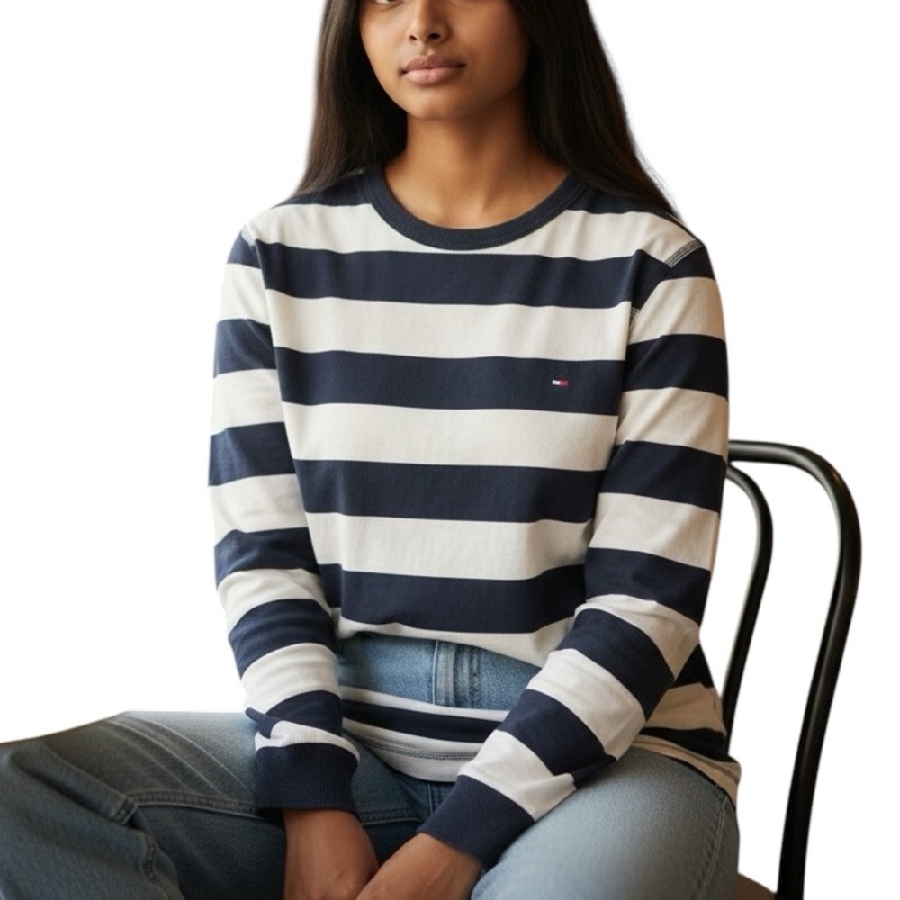 Tommy Hilfiger Pullover, Striped, Blue/White Cotton, rugby style, sz Small